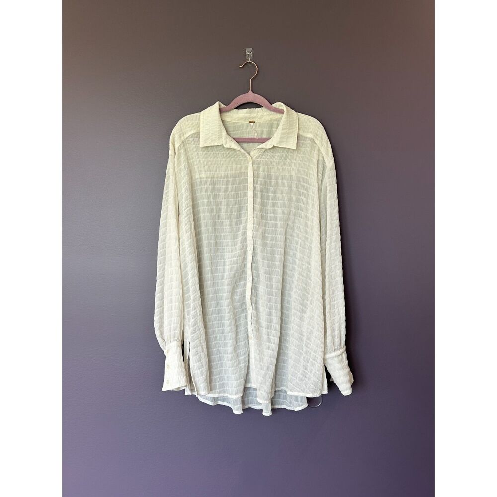 Free People Cream Button-Down Sheer Textured Shirt